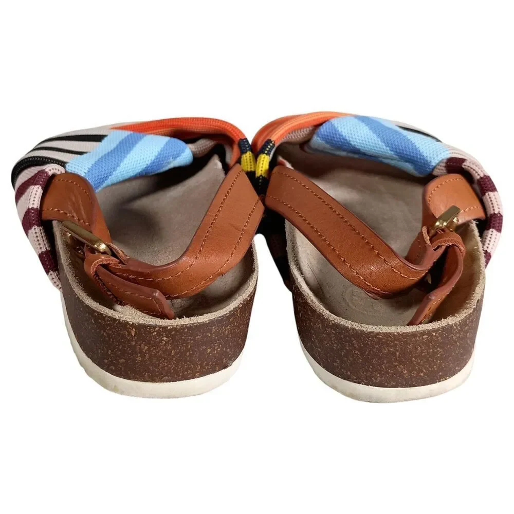 Tory Burch Corey Sandal Flat Patchwork Twist Striped Textile Leather Womens 5